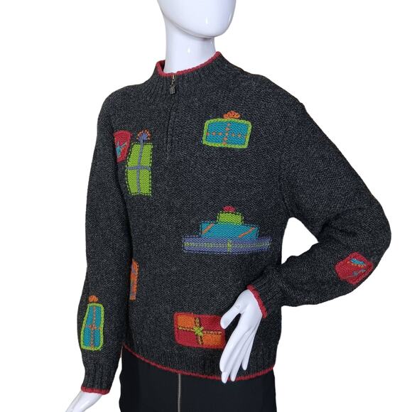 Woolrich Christmas Pullover Sweater Size Large Gray Zip Up Knitted Gifts Allover - Picture 1 of 10